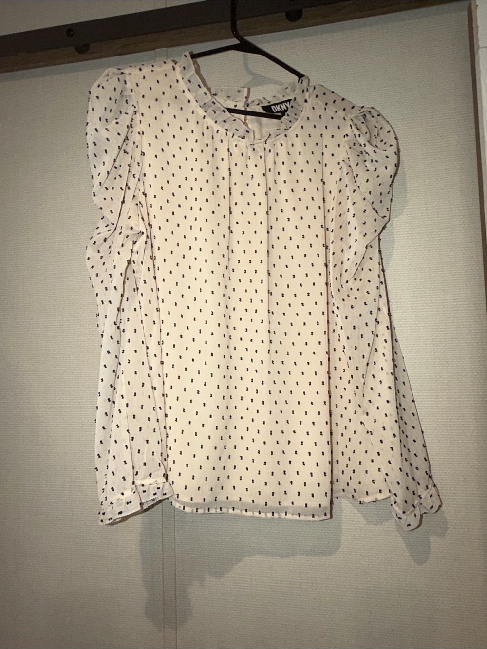 DKNY Cream Blouse with Black Micro Dot Ruffle Sleeves